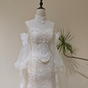 Robes de mariée sirène modernes LY86, longues, en dentelle, avec fleurs en cristal brodées - Product Image 5