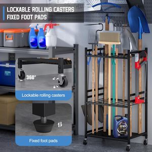 Garden Organizer Wheels Yard Tower Rack Non-Folding Garage Storage 35 Long-Handled <strong>Tools</strong> Sturdy Metal Holder 3 <strong>Hooks</strong> - Product Image 4