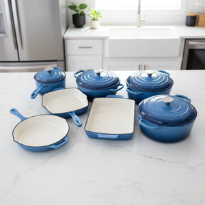 Ensemble de 11 casseroles et poêles <span class=keywords><strong>en</strong></span> <span class=keywords><strong>fonte</strong></span> émaillée pour la cuisson et la friture, pour une utilisation à domicile <span class=keywords><strong>sur</strong></span> gaz, <span class=keywords><strong>induction</strong></span> ou four - Product Image 4