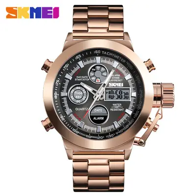 2021 New Skmei 1515 Men Quartz Watch Luxury Brand Stainless Steel Dual Display Analog Digital Wristwatch Relojes Hombre