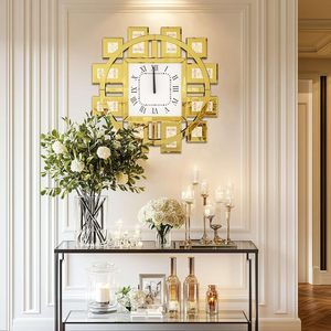 Luxury Home Decor Gold Glass Wall <b>Clock</b> Needle Unique Crystal Broken Diamond Arabesque 3D Design Antique Style Living Room - Product Image 2