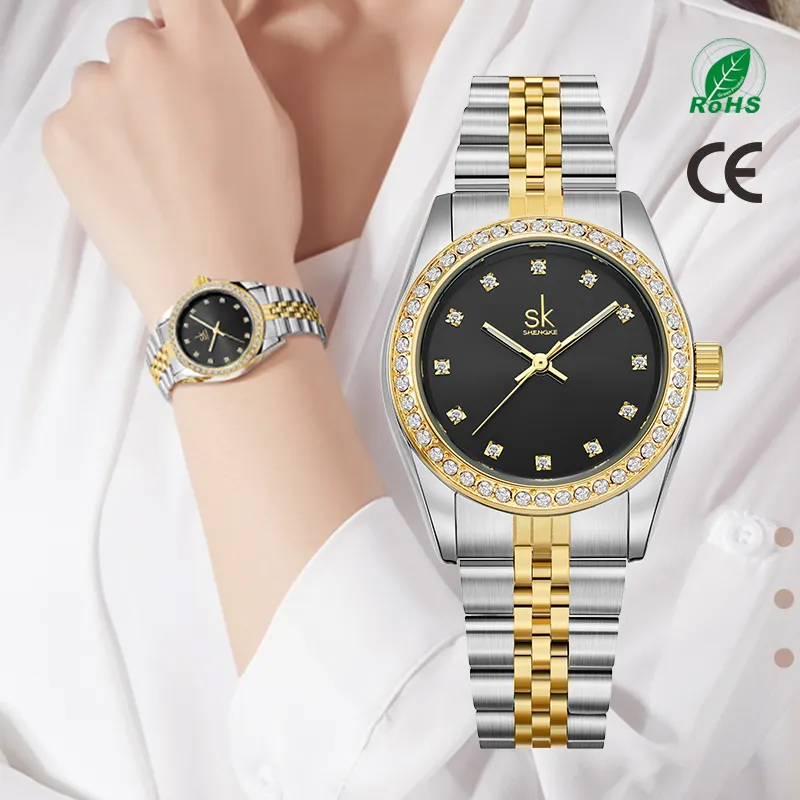SHENGKE SK bayan moda Quartz saat kadın K0156L altın lüks elmas kol saati bilezik saat saatler