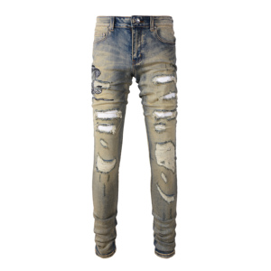 Fabricante de <span class=keywords><strong>Jeans</strong></span> Personalizados, <span class=keywords><strong>Jeans</strong></span> para Hombre, Corte Ajustado, Estilo Urbano, Desgastados, Bordados, con Parches de Cuero - Product Image 2