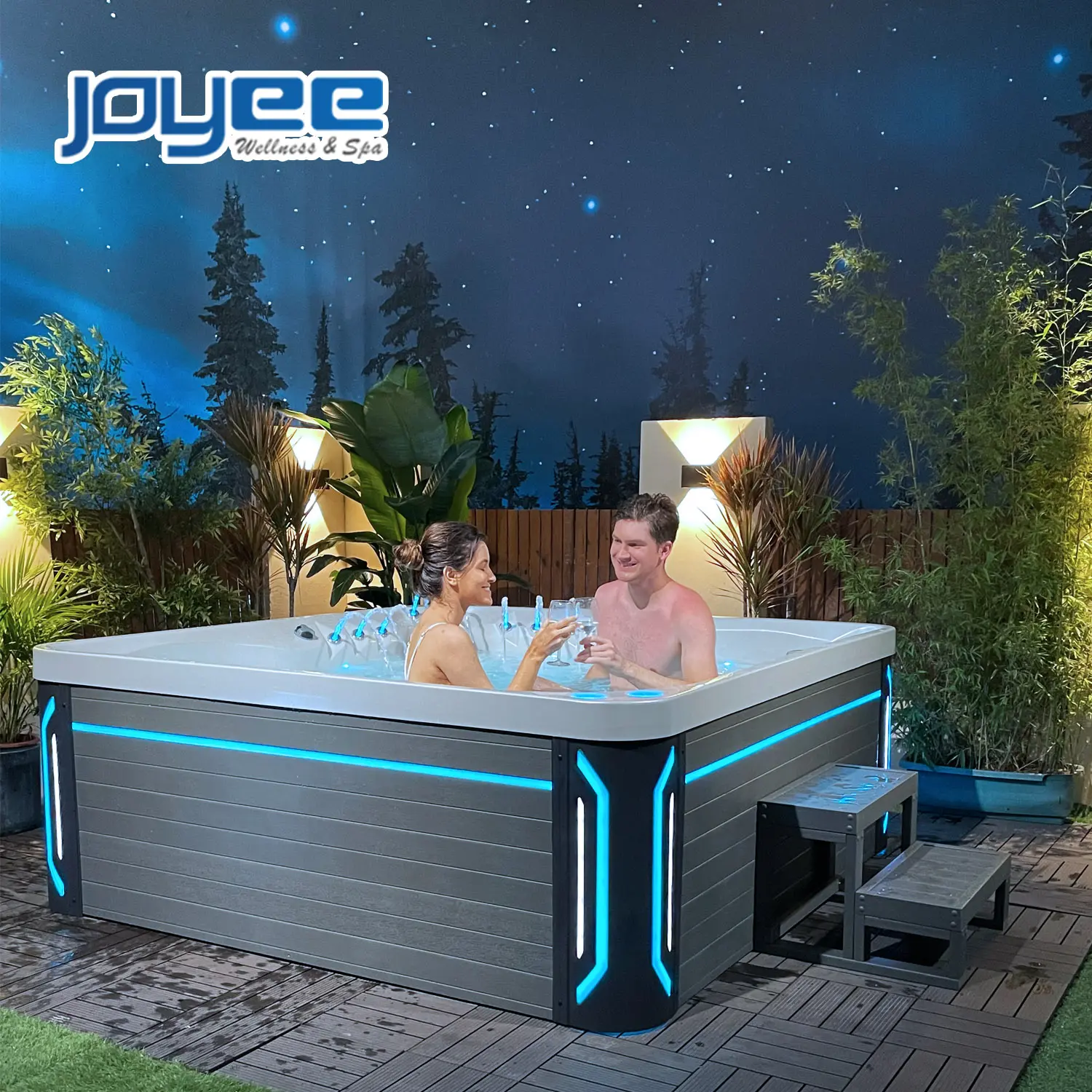 JOYEE Brand New Family Hydro Bath Whirlpools Acrylic Balboa Spa Pool 5 Adults Hot Tub with LED Corner Strip Light