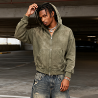 TKAN368 Sweat à capuche zippé streetwear tendance, personnalisé, sans cordon, zippé, vintage, délavé à l'acide, délavé au soleil, déchiré, pour hommes