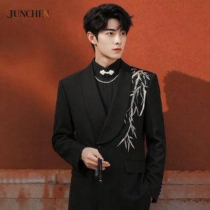 <span class=keywords><strong>Costume</strong></span> pour <span class=keywords><strong>homme</strong></span> au design <span class=keywords><strong>oriental</strong></span> moderne, veste formelle à col châle avec motif bambou doré pour les garçons d'honneur - Product Image 4