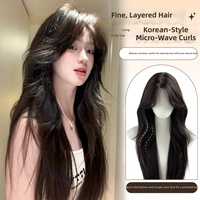 Perruque synthétique noire à mécanisme de couleur thé pour femmes, style coréen, couvre-tête complet, cheveux ondulés mi-longs