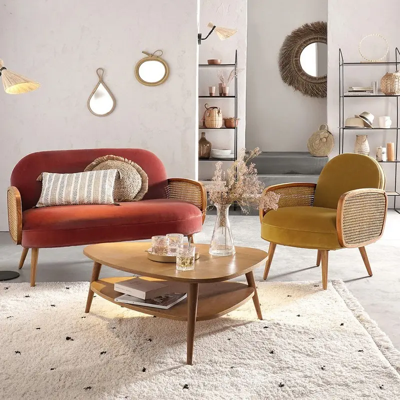 Fransız retro minimalist tarzı restoran cafe shop 3 kişilik kanepe villa oturma odası modern doğal rattan katı ahşap tek kanepe