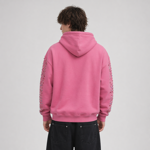 <span class=keywords><strong>Felpa</strong></span> con Cappuccio <span class=keywords><strong>Rosa</strong></span> di Lusso per <span class=keywords><strong>Uomo</strong></span>, Streetwear Personalizzato con Ricamo e Gemme Multicolore sulle Maniche - Product Image 2