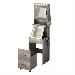 Set Vanity Compatto Grigio con Luci LED, Sgabello Contenitore, Postazione Trucco, Design Moderno, Arredamento Camera da Letto - Product Image 1