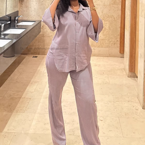 Plus Size Casual Women's Collared Striped Cardigan Shirt Wide-Leg <b>Pants</b> African 2-Piece Set Fashion - Product Image 1