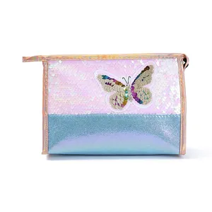 Bulk Butterfly Pink Sequin Fashion Attractive Design Cosmetic Bag Golden Supplier Beach Zipper Cosmetic Bag