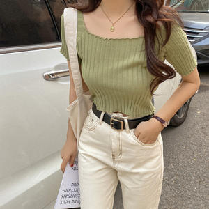 Pull tricoté fin coréen d'été pour femmes grandes tailles, col rond, à carreaux, manches mi-longues, coupe ajustée - Product Image 6