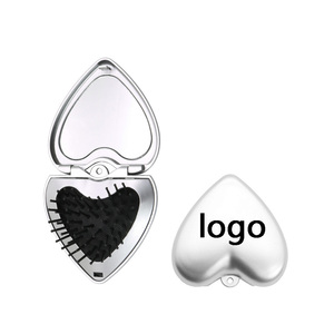 Customized Logo Printed Pocket Compact Folding Brush with Mirror Heart Foldable Portable Hair Brush with Keychain Cute Bag Charm