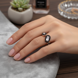 Drop and Baguette Dainty Design Black Zircon and <b>CZ</b> Stone Cluster <b>Ring</b> Jewelry Turkish 925 Sterling Silver Fine Jewellery - Product Image 2