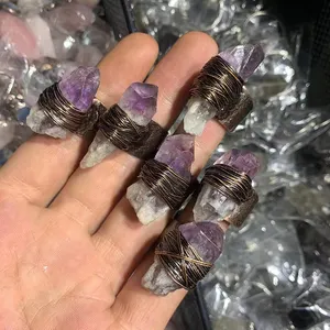 Handgemaakte Healing Amythestyst Kleurrijke Crystal Onregelmatige Draad Gewikkeld Edelsteen Ringen Sieraden Voor Vrouwen