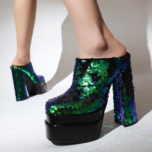 Bling Sequins Dress High Heel Shoes Closed Square Toe Summer Thick Heel Platform <b>Sandals</b> for Ladies Women Big Size 43 - Product Image 2