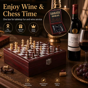 Coffret Cadeau Luxe 2-en-1 Échecs et Vin – Kit Complet d'Outils à Vin et Pièces d'Échecs – Cadeau Unique pour Anniversaire ou Anniversaire <span class=keywords><strong>de</strong></span> Mariage - Product Image 4