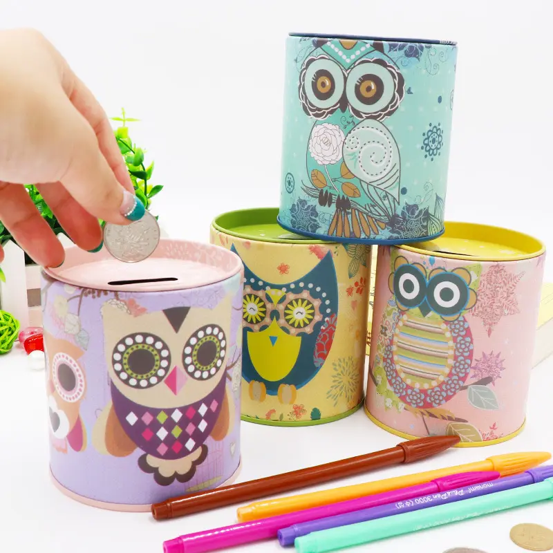 Lovely Owl Pattern Cylinder Shaped Metal Box Money Saving Coin Bank Tin Can