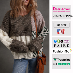 Dear-Lover Venta al por mayor Boutique Color Block Patchwork Anudado Volver Loose Fit Winter Sweater Mujeres - Product Image 1