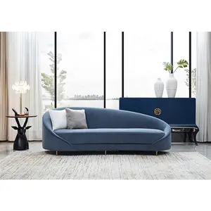 أرائك عصرية مصممة خصيصًا للأريكة ذات تصميم بسيط وبتصميم بسيط للأريكة ذات تصميم مقوس من قماش مخملي باللون الأزرق وبتصميم بسيط من الأقمشة المقوسة