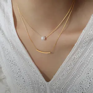 Famous Brand Fashion Multilayer Stackable Pearl 18K Real Gold Plated Stainless Steel Chokers Necklace for Women Girls