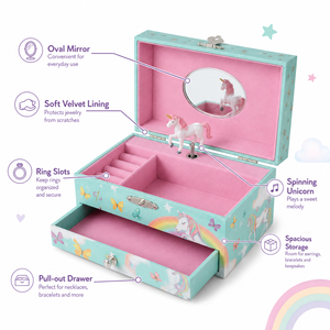 Elegant Kids Musical Jewelry <b>Box</b> with <b>Drawer</b> Spinning Unicorn/Ballerina Figurine Soft Fabric Lined Jewelry <b>Storage</b> Organizer - Product Image 4