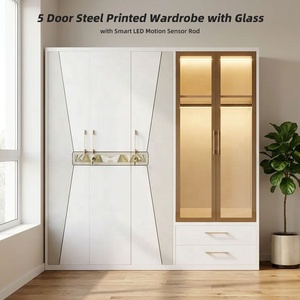 Meuble de placard en acier <span class=keywords><strong>autoportant</strong></span> tiroir de chambre à coucher miroir en métal imprimé casier à 5 portes armoire Almirah pour vêtements armoire - Product Image 1