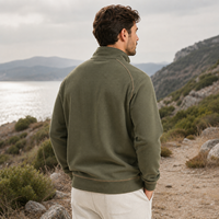 Sweat-shirt Homme en Coton Gaufré Épais Vert Foncé avec Col Montant et Broderie Lettres, Fermeture Éclair Quarts, Vente en Gros