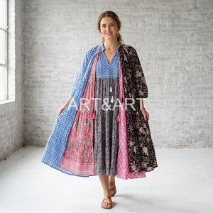 Vente en gros Fabrication Artisanale Imprimé au Bloc Tissé Boutonné Lavable Respirant Bohème Coupe Trapèze Col en V Manches Longues Longueur Genou Été - Product Image 2