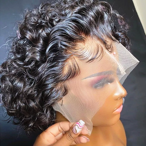Perruque <span class=keywords><strong>Courte</strong></span> Bouclée Pas Chère de 6 Pouces, <span class=keywords><strong>Coupe</strong></span> Pixie, Noire Naturelle, avec Dentelle Transparente, <span class=keywords><strong>Cheveux</strong></span> Humains Pré-Épilés pour Femmes - Product Image 2
