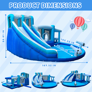 Toboggan aquatique <span class=keywords><strong>gonflable</strong></span> bleu et blanc, combinaison <span class=keywords><strong>de</strong></span> toboggan unique avec des pistes courbes palpitantes et une grande piscine inférieure. - Product Image 3