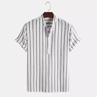 Kemeja Pria Lengan Pendek Motif Garis Kasual Bahan Linen Berkualitas Tinggi Kerah Tegak Model Longgar untuk Musim Panas dan Pantai, ODM