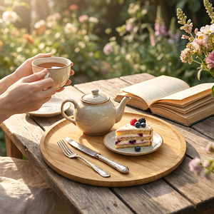Plateau de service rond en bambou <span class=keywords><strong>avec</strong></span> rebord surélevé, grand plateau circulaire en bois pour le petit-déjeuner, le café, les boissons, l'organisation, nouveauté - Product Image 2