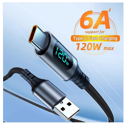 D2602 120W LED Display Cable 6A Fast Charging ABS Housing Nylon Braided Data Cable for Mobile Phone Type-C