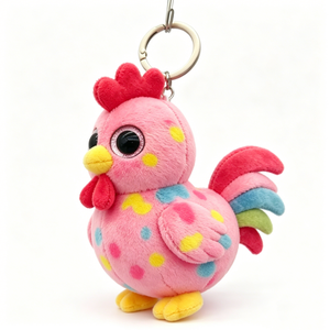 Customized Pink polka dot chicken plush keychain,Mini spotted rooster stuffed toy keyring,<b>Cute</b> vibrant chicken plush keychain - Product Image 4