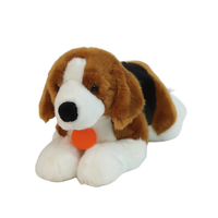 Peluche réaliste de beagle couché, jouet en peluche de chiot en gros, coton PP, en stock, OEM personnalisé, cadeau pour enfants