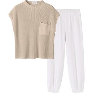 FOXA Conjunto de pantalones blancos con bolsillo y top corto sin mangas de punto para mujer, ropa para viajes de verano, ropa de vacaciones en la playa - Product Image 1
