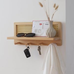 Étagère murale Art Déco en rotin et bois de pin massif avec crochets, porte-clés et porte-manteau tressé créatif, organisateur pour salle de bain et entrée, décoration intérieure - Product Image 2
