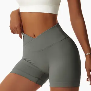 Crossover Waist Women Sport Shorts Gym Workout Running High Waist Yoga Shorts Seamless Fitness Gym Shorts