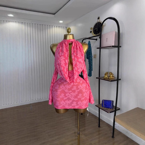 Robes sexy pour femmes, à épaules dénudées, manches longues, col bouffant, jacquard, tendance - Product Image 2