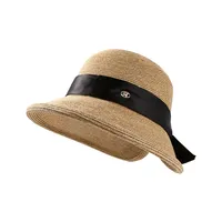 Chapeau de paille élégant à nœud et ruban, style sombrero, en herbe de riz, pour adultes, idéal pour l'été, les voyages, le cyclisme, la pêche et les activités de plein air