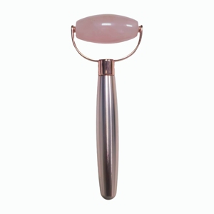 Rouleau de massage en quartz rose avec support en aluminium et perles ovales pour le visage et le cou – Idéal pour les soins quotidiens - Product Image 4