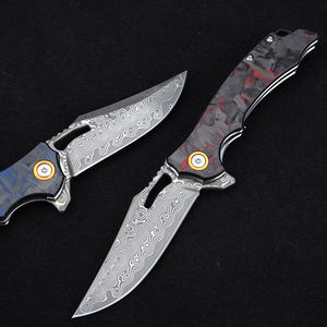Pisau taktis baja Damaskus pisau lipat luar ruangan gagang serat karbon merah GT-DM026 - Product Image 4