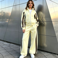 Ensemble de survêtement décontracté pour femme avec veste zippée à col montant et rayures latérales, pantalon de jogging à jambes larges et taille élastique