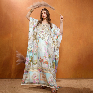 Wholesale Designer Turkish Style <b>Kaftan</b> Women Polyester Handmade Batwing Sleeves V Neck Regular Fit Flared Hem Midi Party - Product Image 1