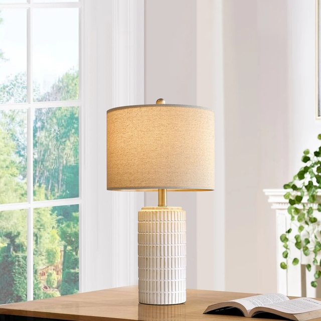 Nordic Style Modern White Ceramic Bedside Table Lamp with Linen Shade Elegant Desk Lamp for Bedroom Living Room Decor