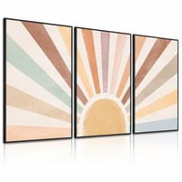 Lot de 3 tableaux encadrés Boho Soleil sur toile, cadre noir, triptyque minimaliste soleil éclatant, décoration intérieure naturelle pour hôtel et salon