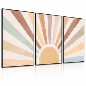 Lot de 3 tableaux encadrés Boho Soleil sur toile, cadre noir, <span class=keywords><strong>triptyque</strong></span> minimaliste soleil éclatant, décoration intérieure naturelle pour hôtel et salon - Product Image 2