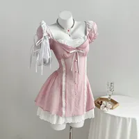 Mini-robe rose à nœud papillon et manches bouffantes pour femme, style doux, coupe ajustée, idéale pour les soirées, disponible en plusieurs tailles (ODM)